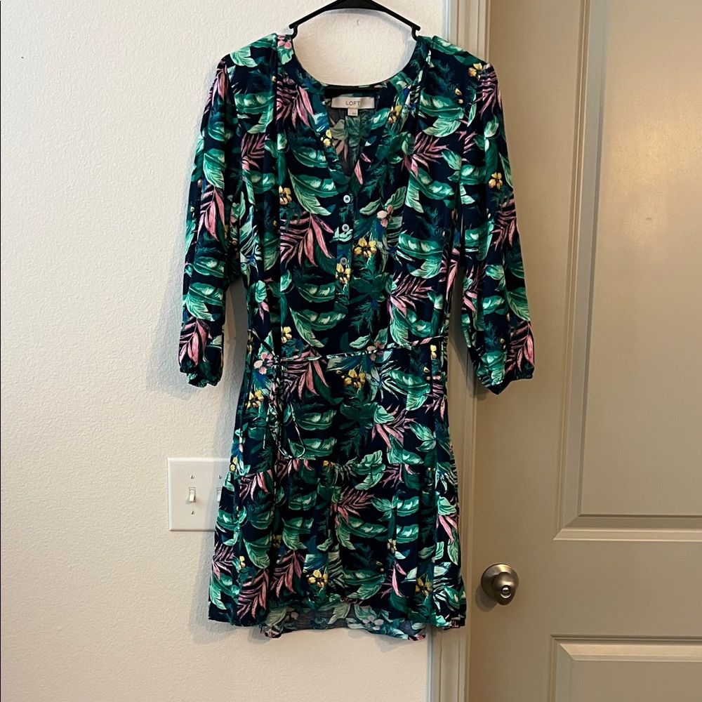 LOFT Green and Blue Leaf Print Dress
